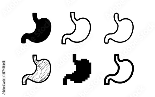 Stomach icons in various artistic styles for medical and health designs