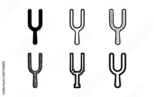 Set of tuning fork illustrations: minimalist and outline styles for music and sound design