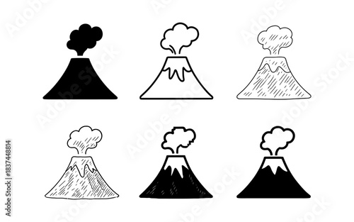 Hand drawn volcano icons set with smoke variations in black and white