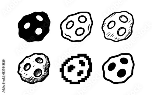 Diverse asteroid designs in black and white ink and pixel art styles