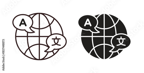 Language icons design is in black and white, line stock illustration
