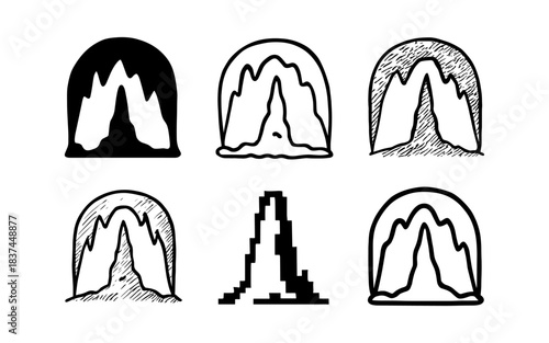 Set of cave entrances in varied artistic styles: line, shaded, pixel art