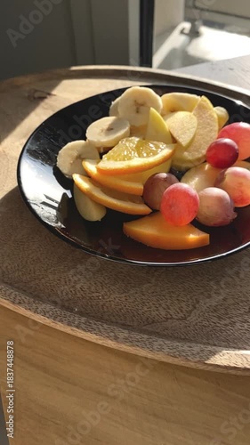 Top-down flat lay of whole fresh fruits on a wooden tray: bananas, an orange and apples. Bright natural side light creates strong dramatic shadows and highlights the vivid colors and textures.