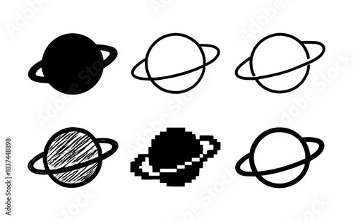 Set of planet icons in various styles including silhouette and pixel art