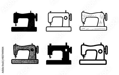 Set of sewing machine icons: silhouette and linear designs