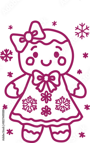 A charming hand-drawn illustration of a gingerbread girl wearing a festive dress adorned with snowflakes and a bow. Snowflakes are scattered around her.