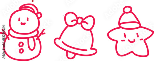 Charming hand drawn christmas icons snowman bell and star