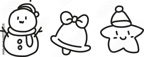 Simple hand drawn christmas icons snowman bell star