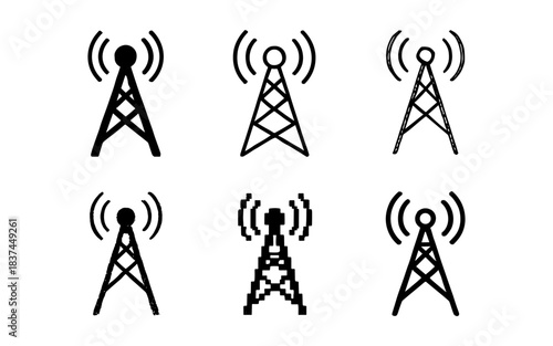 Set of antenna tower icons in various styles for communication and network design