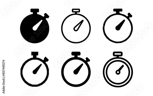 Minimalist stopwatch icon set in various styles: silhouette, pixel, outline, grunge, simple