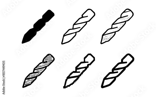 Set of six drill bit icons in diverse styles including silhouette, linear, and pixel art
