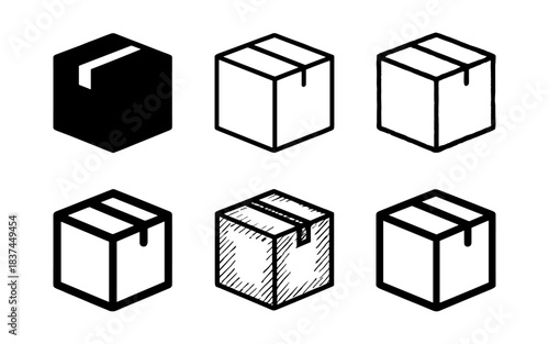 Variety of package box designs: monochrome, linear, and sketch styles