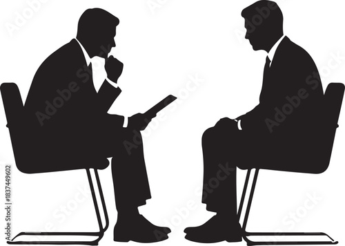 Two businessmen silhouettes discuss, negotiate, interview, or consult in a formal setting, representing corporate communication.