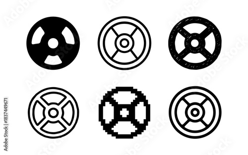 Set of wheel icons in mixed styles: solid, linear, pixelated designs