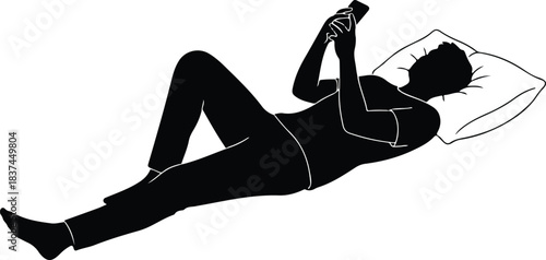 Person silhouette relaxing, using smartphone while lying down, symbolizing digital connectivity, leisure, and modern communication.