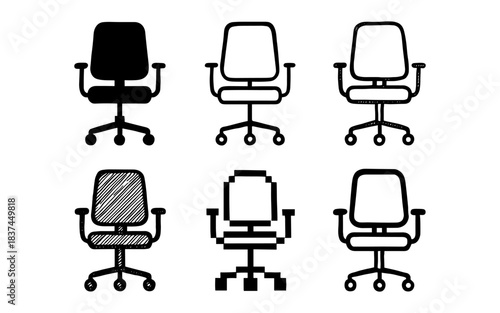 Diverse office chair styles: silhouette, outline, sketch, pixel, and design variations