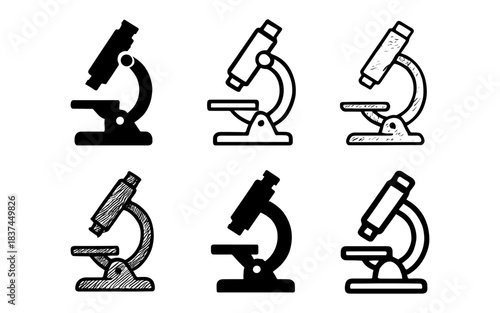 Diverse microscope icons: hand drawn and sketch styles for scientific and educational designs