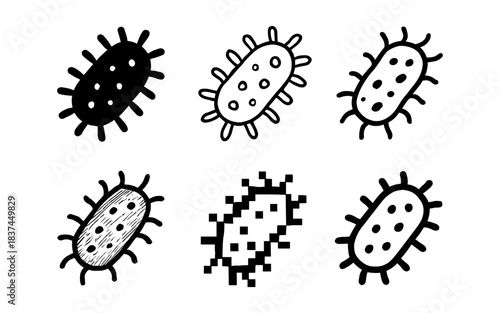 Diverse designs of bacteria icons in various artistic styles on white background