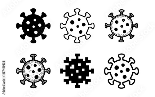 Diverse virus icon set: hand-drawn and geometric styles