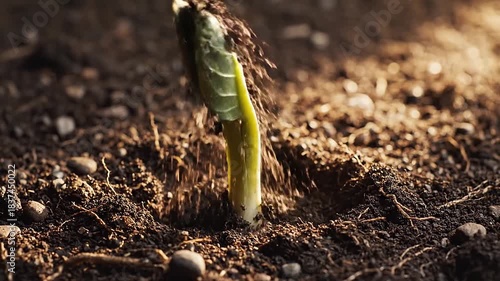 Quiet revolution happens in macro shot of seed in soil as stored starches convert to energy for upwa 23