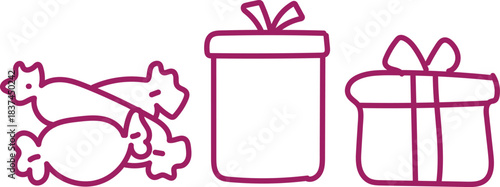 A simple outline illustration featuring a pile of wrapped candies next to two distinct gift boxes, each adorned with a bow, all in a vibrant purple hue.