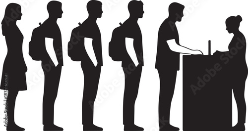 Customers and travelers standing in a structured queue, waiting patiently for assistance at a service counter or check-in desk.