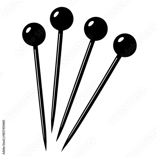 Four black round-head sewing pins. Essential for tailoring, dressmaking, quilting, and craft projects. Perfect for fabric fastening, pattern holding, garment construction, and textile marking. Versati