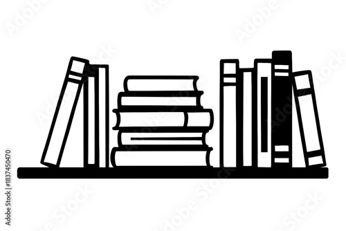 Minimalist black and white vector icon of books on a shelf, presenting both upright and stacked volumes. This clear graphic symbolizes knowledge, education, learning, literacy, libraries, and the purs