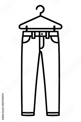 Minimalist vector outline icon of casual denim jeans or stylish trousers hanging on a clothes hanger. Perfect graphic for fashion, apparel, wardrobe organization, laundry, retail, clothing stores, and
