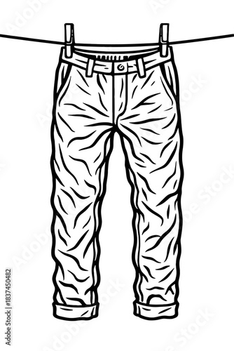 Monochromatic line art illustration of casual cuffed pants, resembling jeans or chinos, hanging on a clothesline via clothespins. This clean black and white graphic captures the essence of laundry day