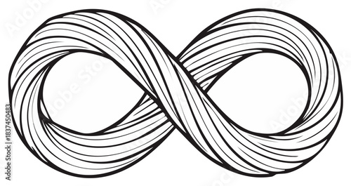 Stylized infinity symbol with flowing lines and a black and white illustration.
