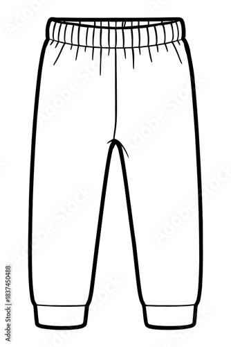 Simple black and white outline drawing of comfortable baby or toddler pants, featuring an elastic waistband and cuffed ankles. Ideal for coloring pages, clip art, and children's apparel design project