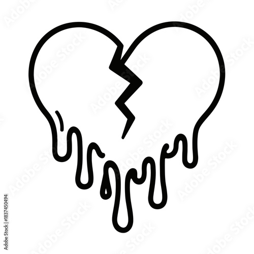 Minimalist black line art broken heart, jaggedly split with dark liquid dripping. Symbolizes intense heartbreak, sorrow, profound pain from lost love or separation. Conveys vulnerability, grief, shatt