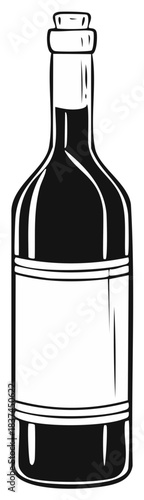Classic black and white graphic illustration of a generic bottle with a cork stopper and blank label