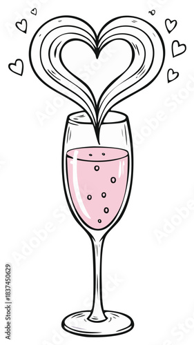Hand drawn pink champagne flute with heart shape and bubbles for celebration or romantic design
