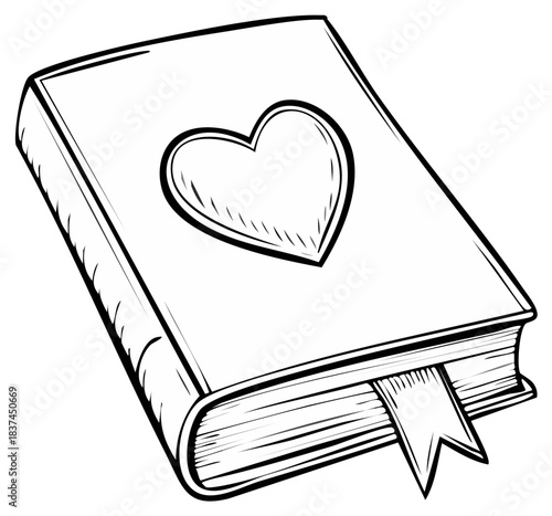 Heart-Shaped Design on a Book Cover with Bookmark in Black and White