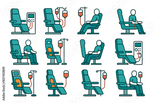 Cartoon icons of medical iv drip therapy chairs and patients.