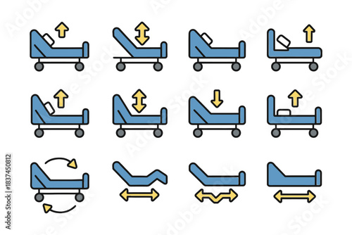Adjustable hospital bed icons illustrating various positions and movements.