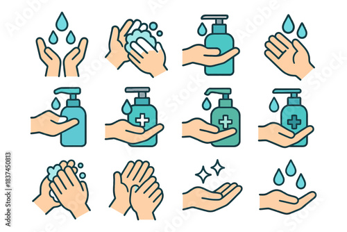 Handwashing and sanitizing icons: soap, water, hygienic practices.