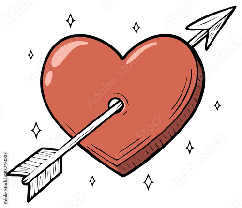 Vibrant red heart pierced by an arrow representing love romance and passion