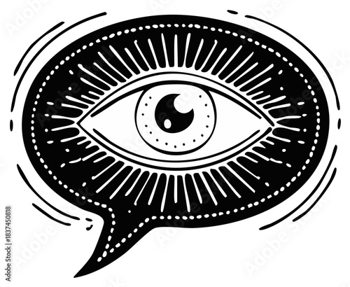 All-seeing eye in a speech bubble, black and white illustration