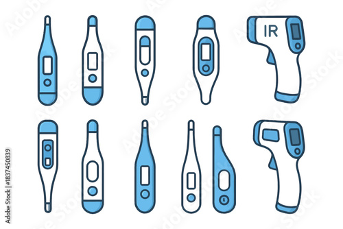 Various digital and infrared thermometers in blue tones.