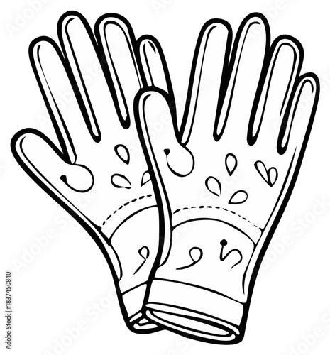 Outline illustration of a pair of patterned gloves with decorative swirls and teardrop shapes