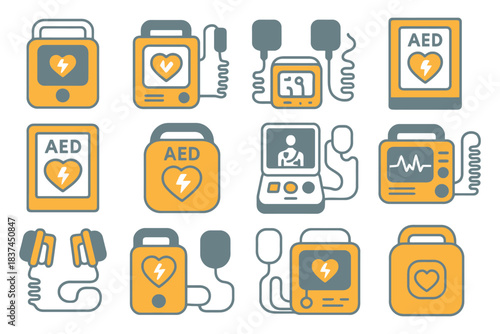 Various aed devices and heart monitoring equipment icons in yellow and gray.
