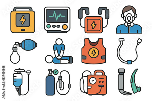 Emergency medical equipment icons: defibrillator, cpr, ventilator, oxygen tank, cpr.