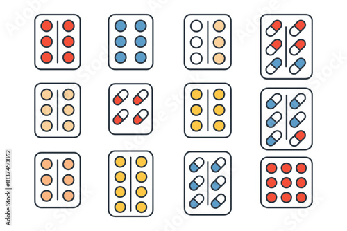 Colorful medicine blister packs with various pills and capsules layout.