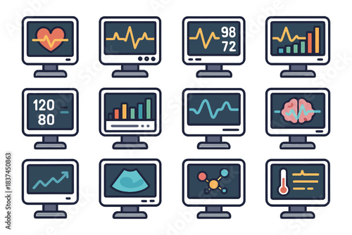 Collection of medical monitor icons displaying heart rate, vital signs, and health statistics.