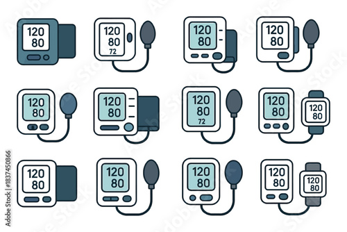 Variety of digital blood pressure monitors with readings displayed.