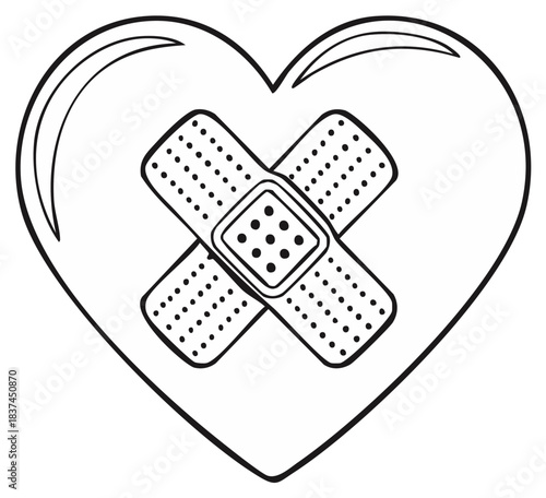 Mended heart outline with crossed adhesive bandages symbolizing healing, recovery, care, and emotional repair concept