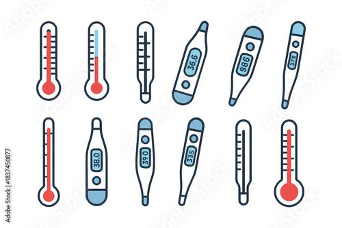 Variety of thermometers: analog and digital temperature measurement tools.
